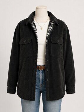 Three Dots Black Corduroy Plaid Lined Shacket Womens Large Made in USA